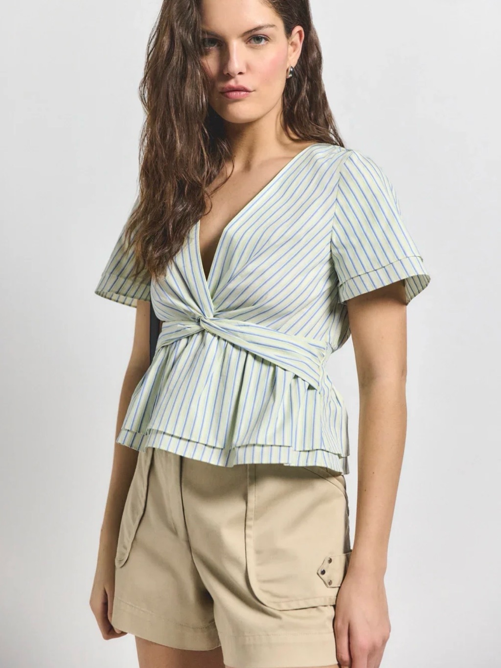 Derek Lam 10 Crosby Caspien Striped Peplum Twist Front Blouse | Size 6 | New